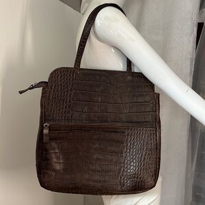 Giniluse Brown Croc Embossed Leather Zip North South Shoulder Tote Bag